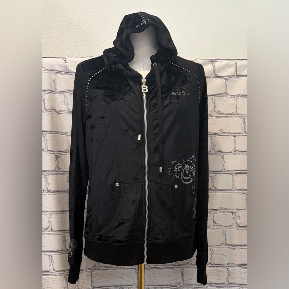 BCBG Maxazria:XL Women Black Velour Zip Hoodie Embellishment Scroll Accents